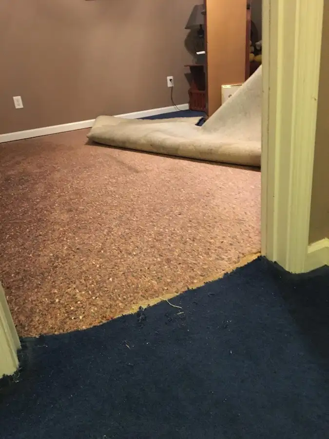 Carpet pad removal revealing water damage during Water Mitigation Services in Whitney